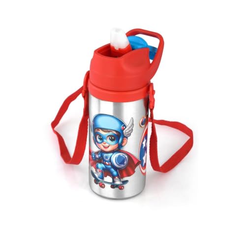 Kids Stainless Steel Water Bottle with Straw, Cartoon Character Design, Leak-Resistant…