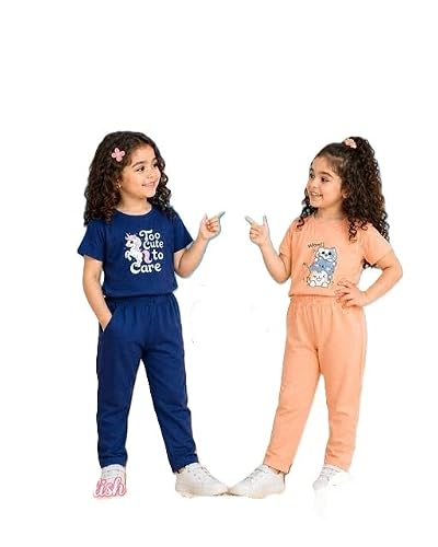 Girls Printed Night Suit Set | T-Shirt & Pajama Combo | Comfortable Kids Sleep Blue+Pea…