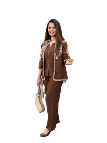 Women Embroidered 3 Piece Co-Ord Set with Shrug and Pants Cotton, COFFEE_SET, M