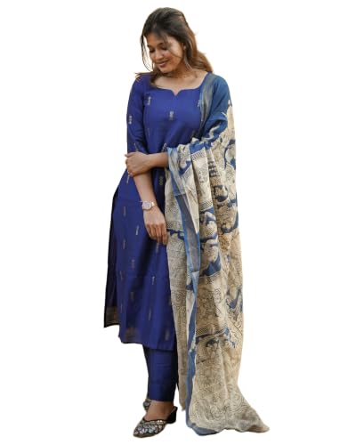 GoSriKi Women's Straight Viscose Kalamkari Print Kurta with Pant and Dupatta (Vanani Bl…