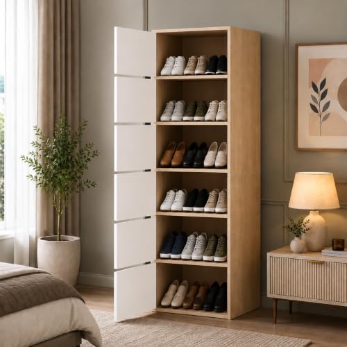 EXVITO Modern Tall Shoe Cabinet, Wooden Flip Door Shoe Storage Cabinet, 6-Door Narrow E…