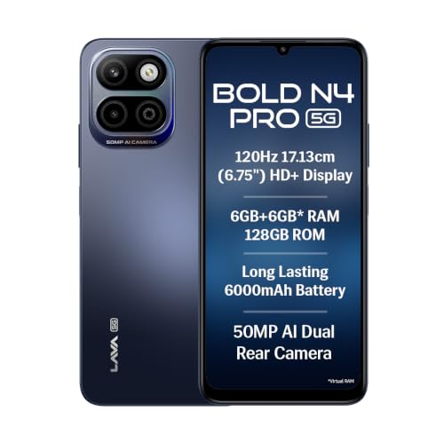Lava Bold N4 Pro 5G (Monaco Blue, 6GB RAM, 128GB Storage) | 50MP AI Rear Camera | 6000m…