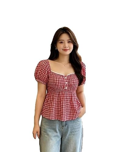Women Cotton Gingham Checked Peplum Top Square Neck Puff Sleeve Stylish Casual Blouse R…