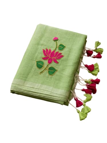 Amita Collection Women Pure Cotton Gold Border Lotus Embroidery Hand Woven Saree with U…