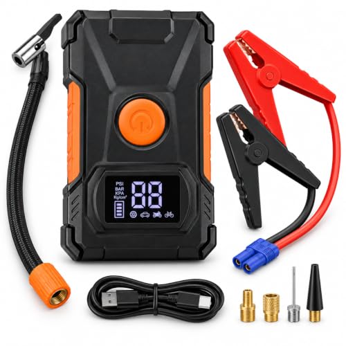 Okasta 4-in-1 Portable Car Jump Starter with Digital Tyre Inflator, Power Bank, Emergen…