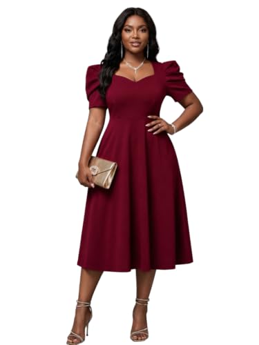 C4D Plus Size Women’s Short Puff Sleeve Fit and Flare High Waist Cocktail Evening Dress…
