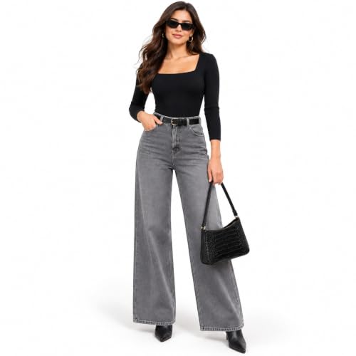 DOLLFASHION Women’s High Waist Wide Leg Jeans | Grey Denim Baggy Loose Fit Full Length…