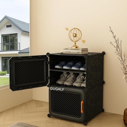 GUGALY Premium 4 Layer Plastic Shoe Rack for Home|Shoe Rack with Door|Wooden Look Shoe…