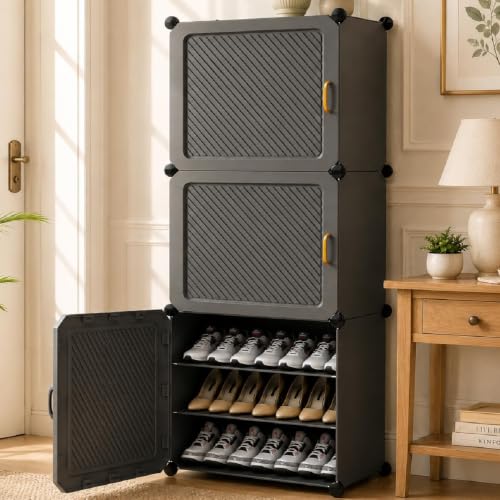 AYSIS 𝟗 𝐒𝐡𝐞𝐥𝐟 Plastic Shoe Rack for Home with 3 Heavy Magnetic Doors, 5 Hook Holder & W…