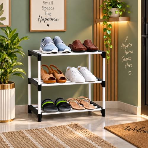3 Layer Shoe Rack for Home, Stylish Metal Footwear Organizer Stand with Open Storage Sh…