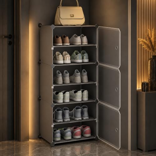 CITRODA Premium Foldable Plastic Shoe Rack for Home, 𝟑 𝐃𝐨𝐨𝐫 𝟔 𝐒𝐡𝐞𝐥𝐟 Shoe Cabinet, Dustp…
