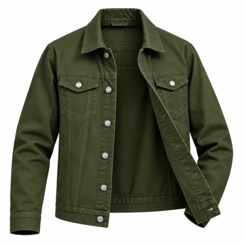 MONTREZ Men's Jacket Spread Collar Solid Lightweight Casual Denim Jacket (IN, Alpha, Ol…