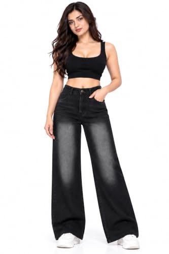 DOLLFASHION Women’s Wide Leg Spray Jeans | High Waist Black Denim Jeans for Women & Gir…
