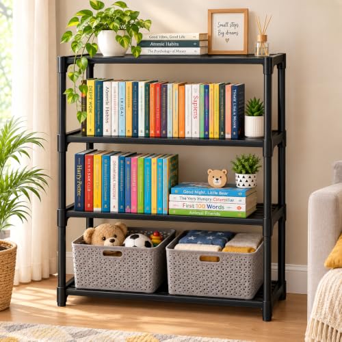 SUBEKYU Bookshelf for Home – 4 Shelf Plastic Book Rack Organizer Shelf Stand for Kids &…
